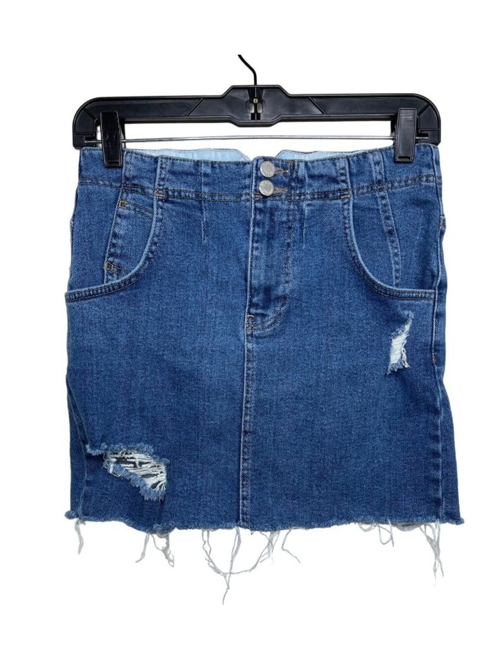 Free People Womens 4 Blue Denim Mini Skirt Distressed Frayed Hem Boho Y2K